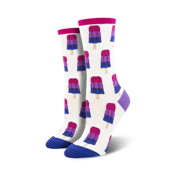 womens bisexual pops crew socks. lgbtqia crew socks with popsicle pattern in blue, purple, and pink.  