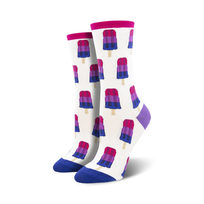 womens bisexual pops crew socks. lgbtqia crew socks with popsicle pattern in blue, purple, and pink.  