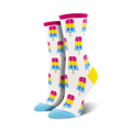 A pair of women's crew socks with a white background and repeating pattern of pink, yellow, and blue popsicles.