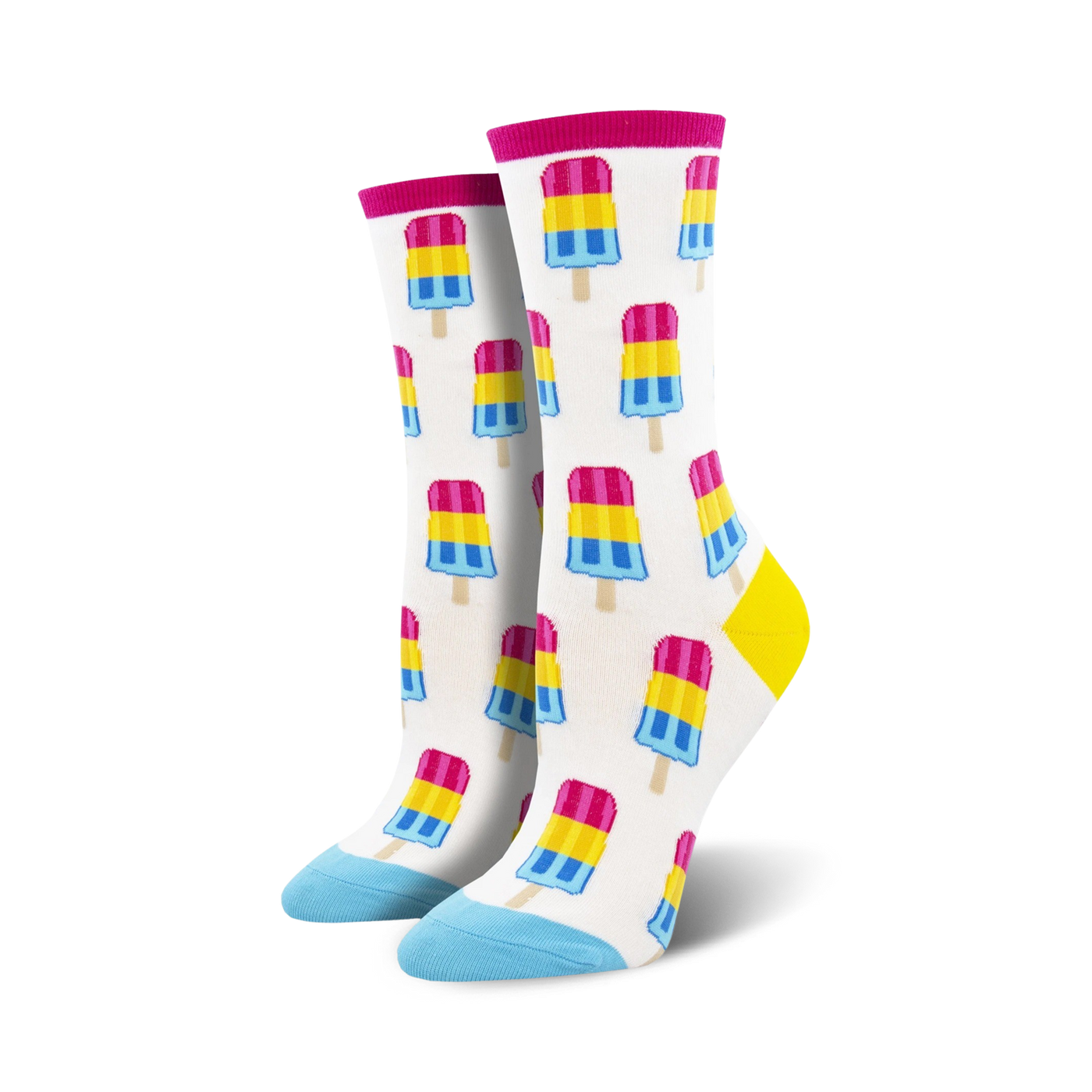 A pair of women's crew socks with a white background and repeating pattern of pink, yellow, and blue popsicles.