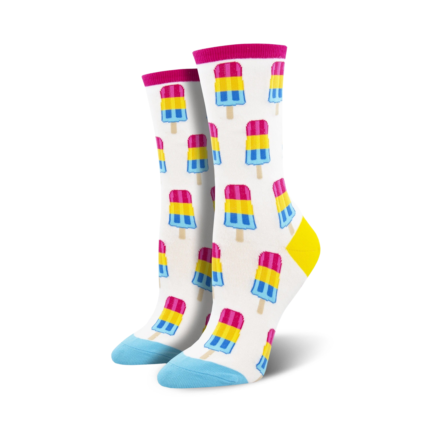 A pair of women's crew socks with a white background and repeating pattern of pink, yellow, and blue popsicles.