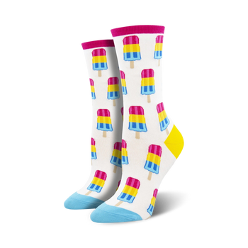 pansexual pops novelty crew socks for women, multicolored popsicle pattern, lgbtqia    