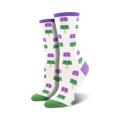 Pair of crew socks with a white background and repeating pattern of genderqueer flag popsicles in purple, green, and white.