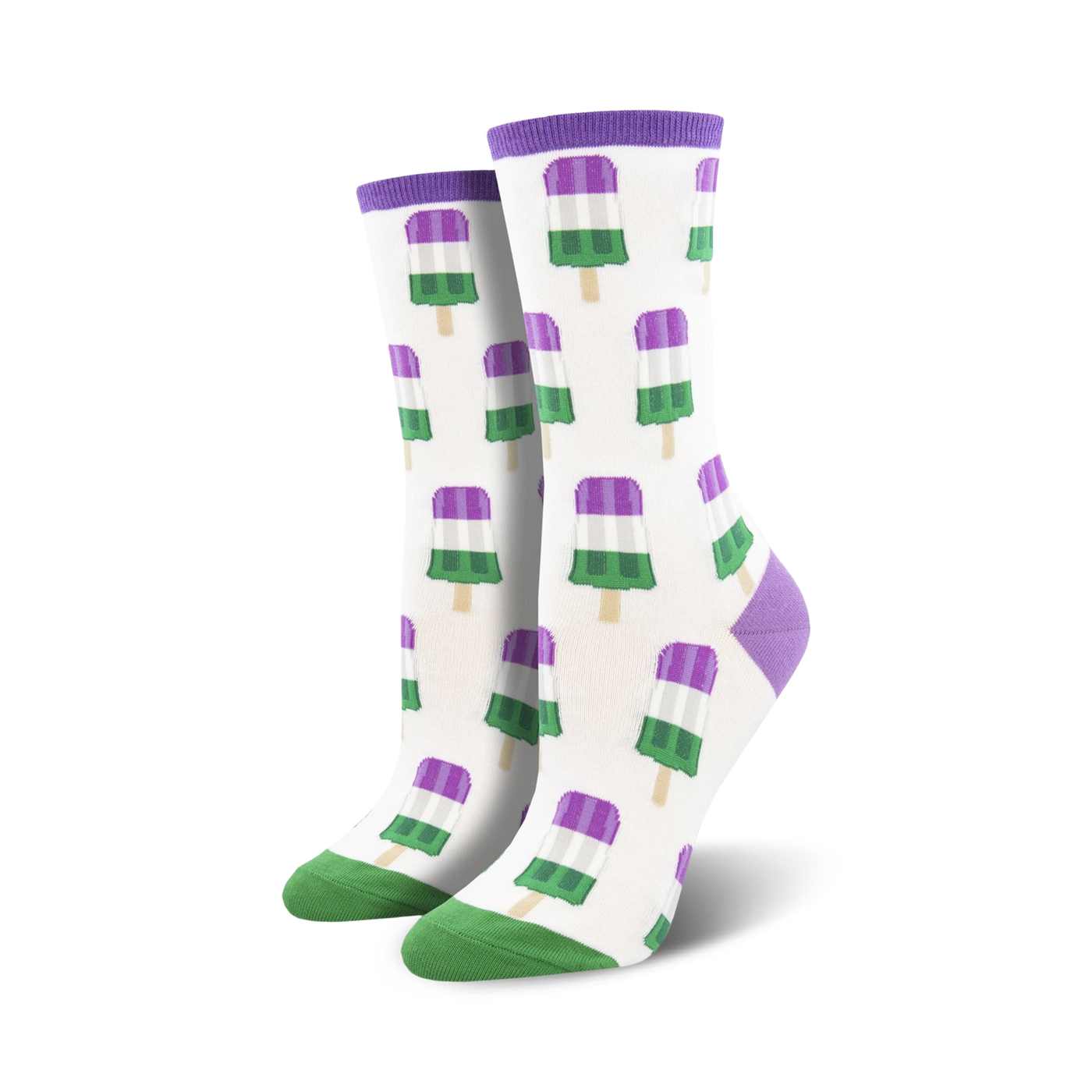 Pair of crew socks with a white background and repeating pattern of genderqueer flag popsicles in purple, green, and white.