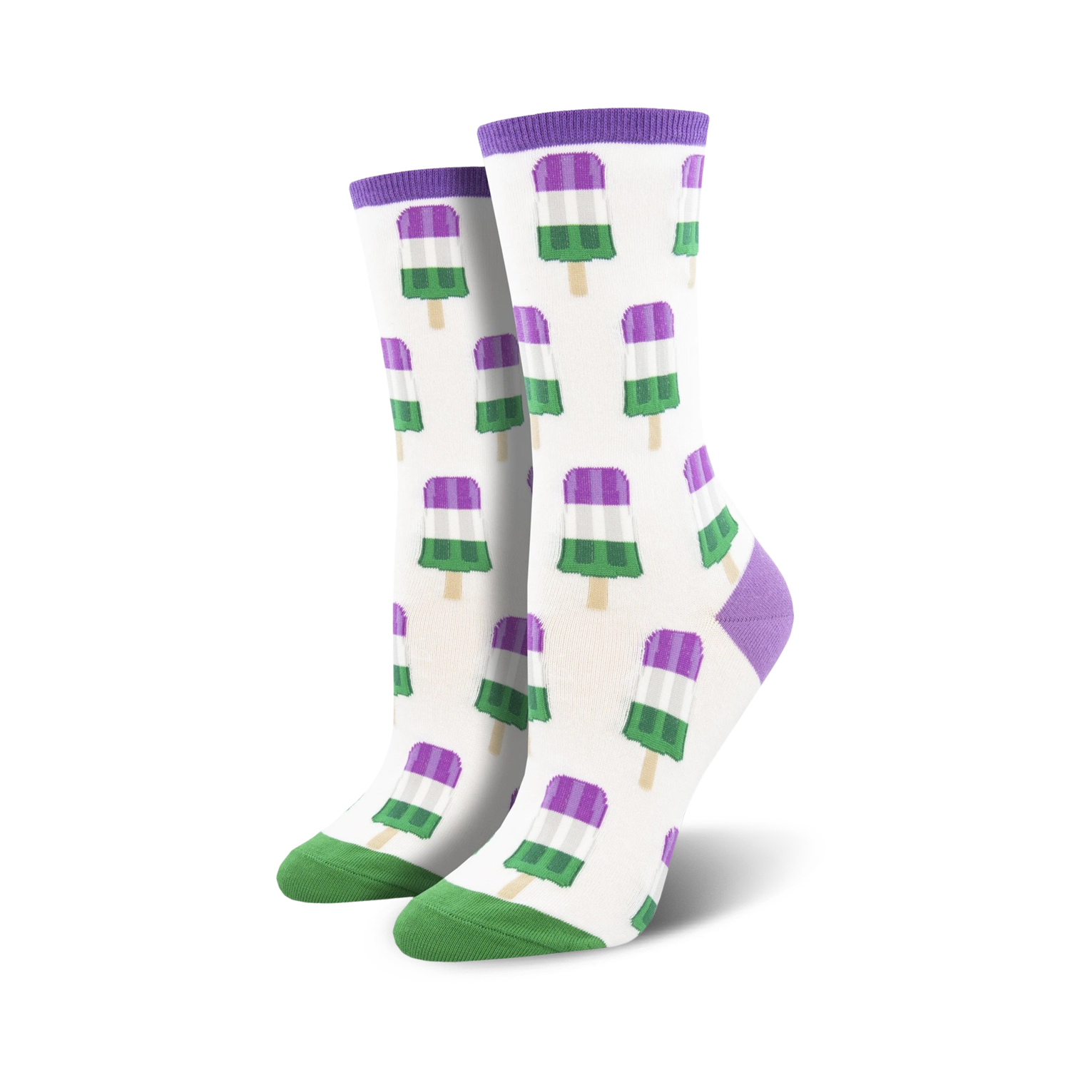 Pair of crew socks with a white background and repeating pattern of genderqueer flag popsicles in purple, green, and white.