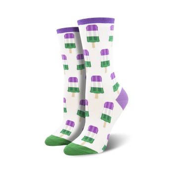 womens genderqueer pops crew socks with pattern of purple, green, and white popsicles on white background.   