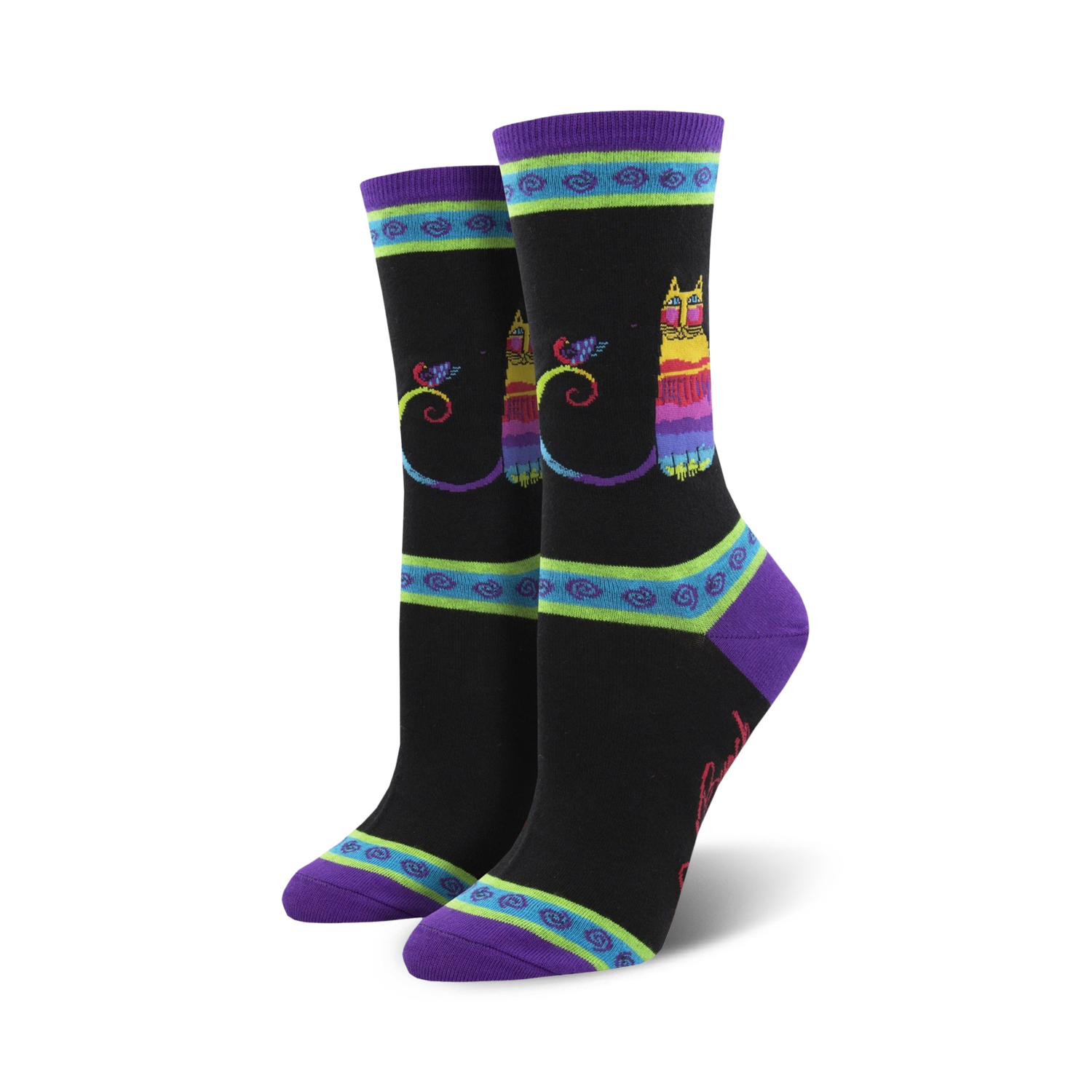 Crew socks featuring a rainbow cat design on a black background.  Purple, teal, and lime green accents. 