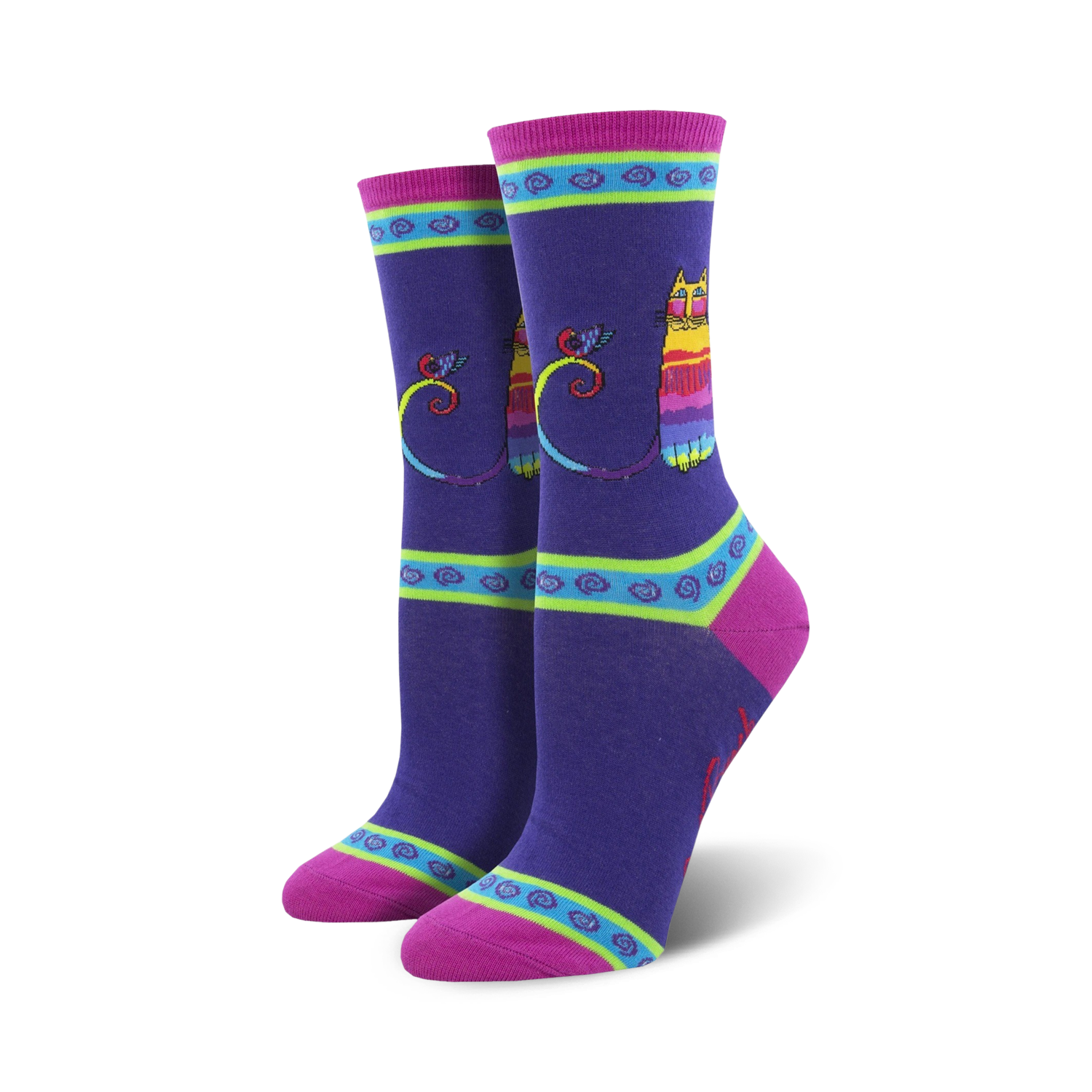 Lifestyle shot showing the purple Laurel Burch Rainbow Cat socks on a model's feet.