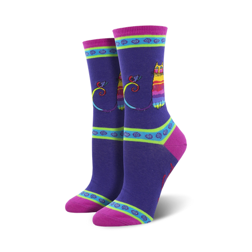 Lifestyle shot showing the purple Laurel Burch Rainbow Cat socks on a model's feet.