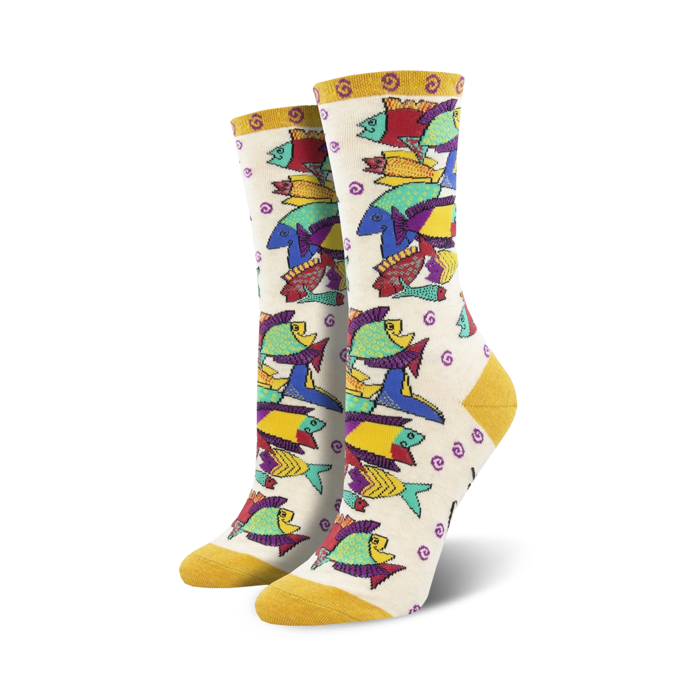 Cream crew socks with a whimsical design of multicolored fish. Yellow cuffs.  Laurel Burch Pescadero.
