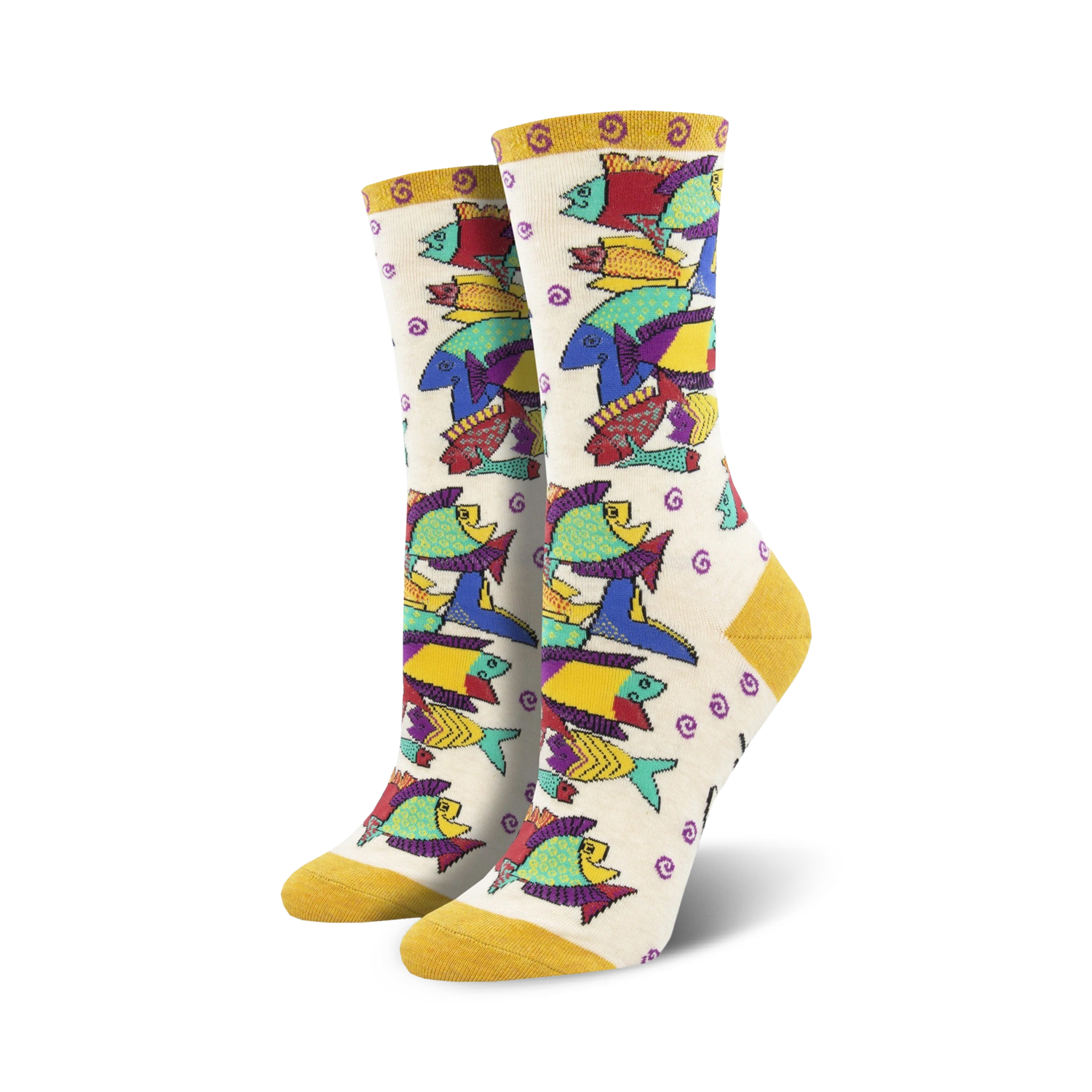 Cream crew socks with a whimsical design of multicolored fish. Yellow cuffs.  Laurel Burch Pescadero.
