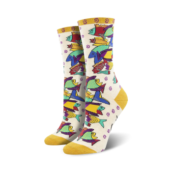 white laurel burch pescadero crew socks with colorful, patterned fish.   