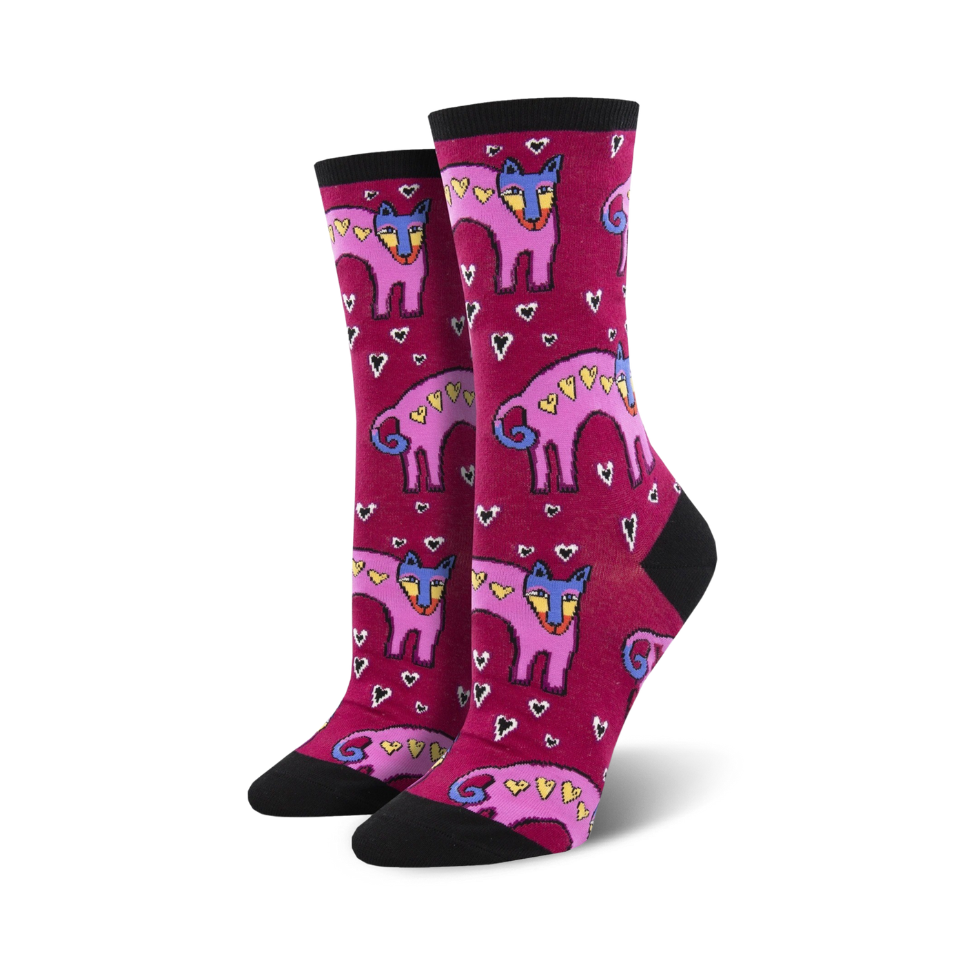A pair of women's crew socks in burgundy with a pattern of pink dogs with hearts and small white hearts.