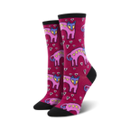 A pair of women's crew socks in burgundy with a pattern of pink dogs with hearts and small white hearts.