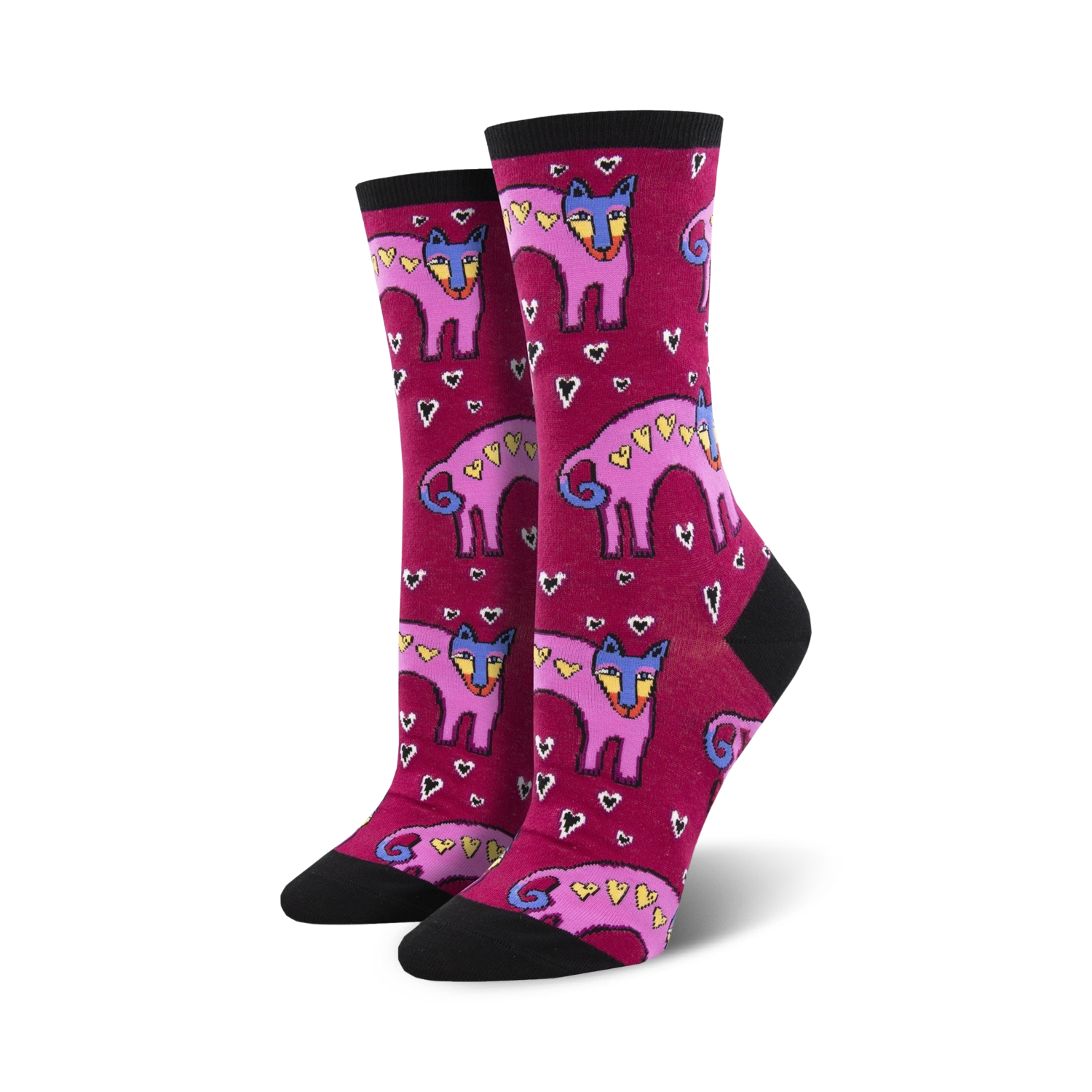 A pair of women's crew socks in burgundy with a pattern of pink dogs with hearts and small white hearts.