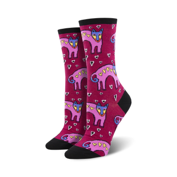 dark pink crew socks with a cartoon pink dog pattern, red hearts, and blue/yellow details.   
