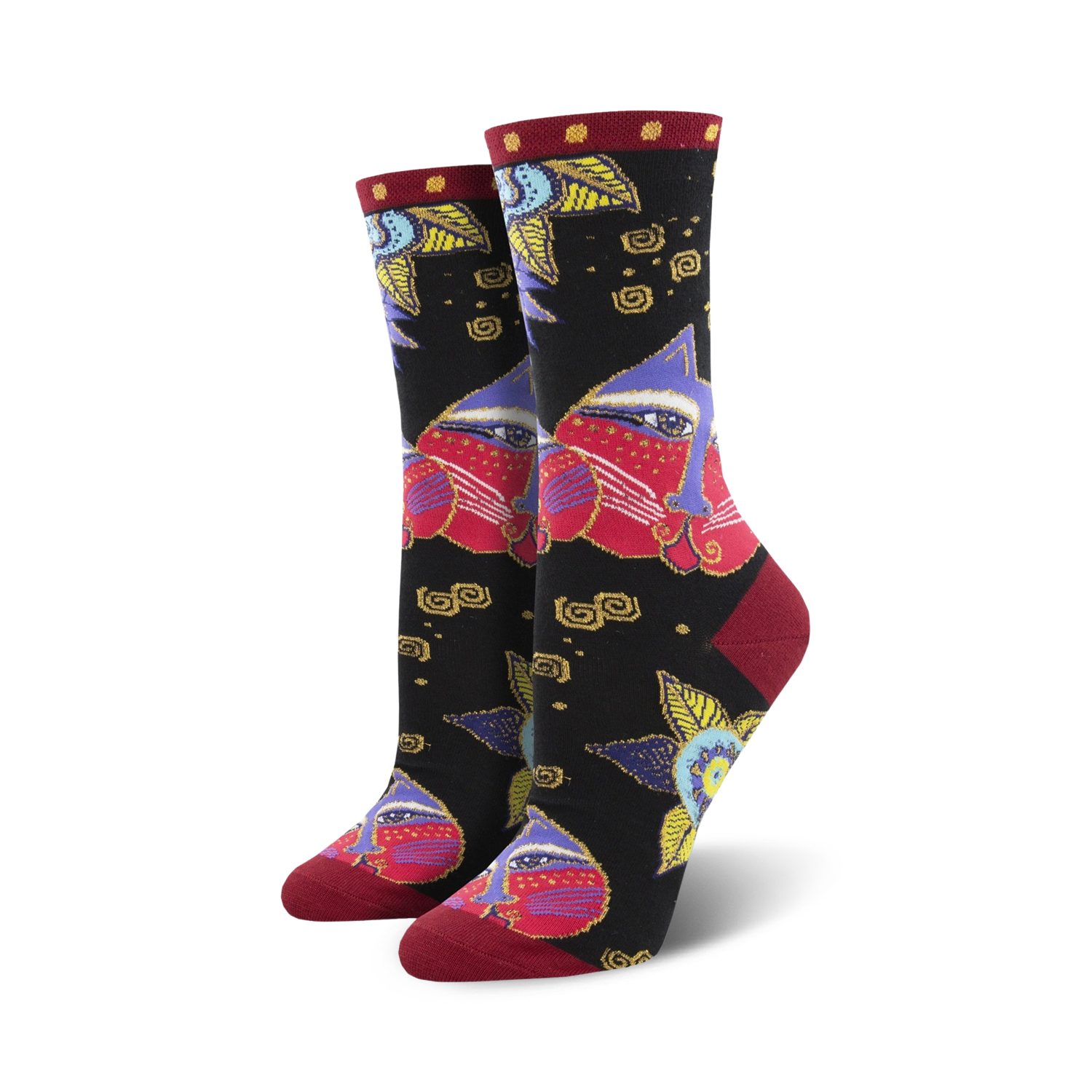 A pair of women's crew socks in black with a colorful design. The main pattern features stylized cat faces in shades of red, purple, and gold, along with smaller floral and geometric details.