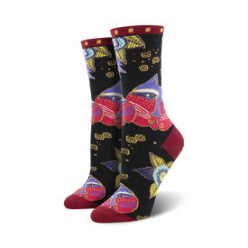 black crew socks with colorful laurel burch carlotta cat face design surrounded by flowers.  