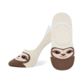 Pair of beige no-show socks with a brown sloth face design.  The sloth has cute, simple features.