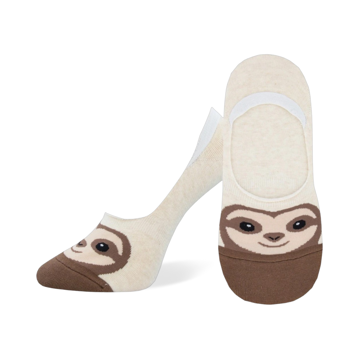 Pair of beige no-show socks with a brown sloth face design.  The sloth has cute, simple features.