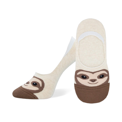 Pair of beige no-show socks with a brown sloth face design.  The sloth has cute, simple features.