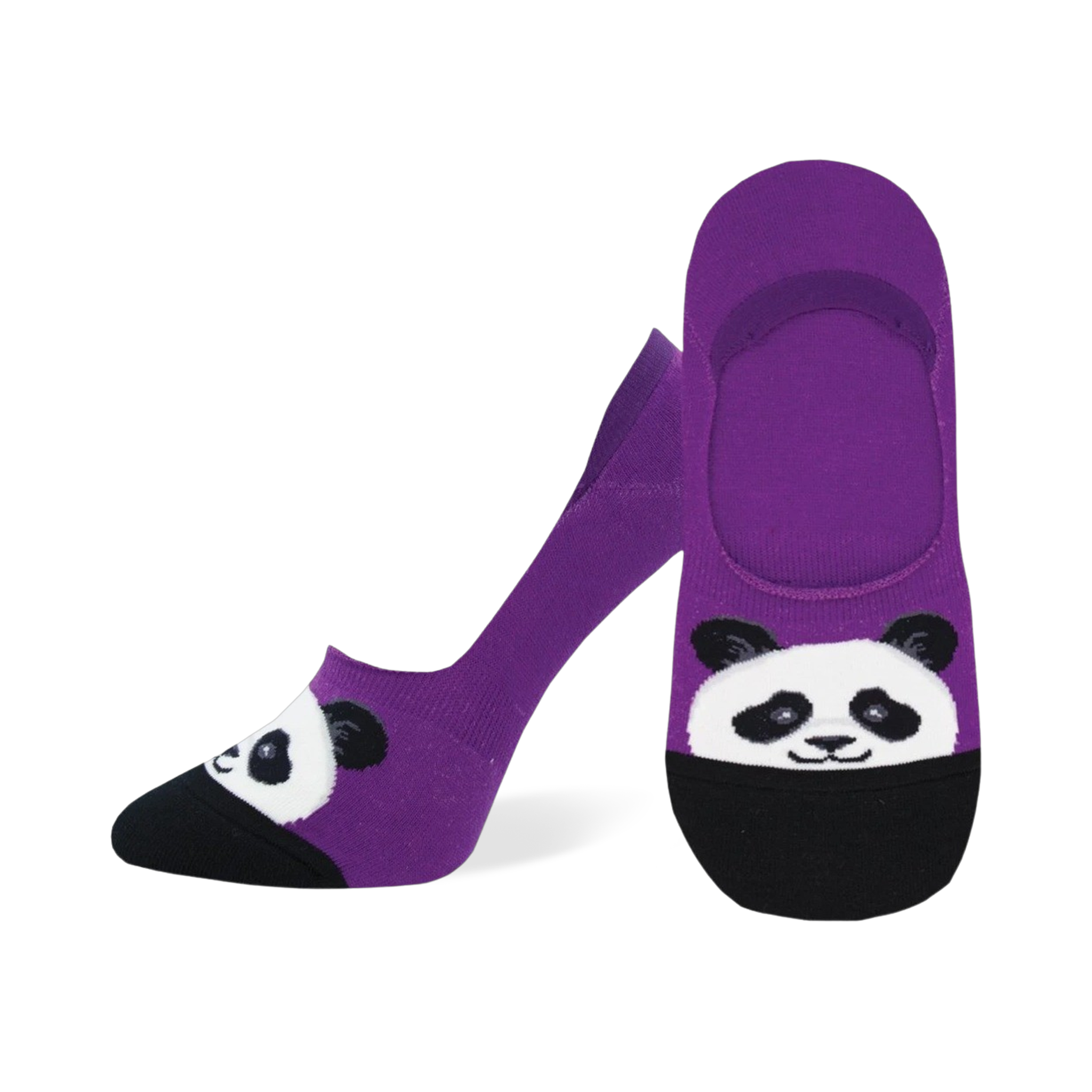 Pair of purple and black panda no-show socks.  Features a cute panda face design on the toes.