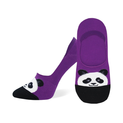 Pair of purple and black panda no-show socks.  Features a cute panda face design on the toes.