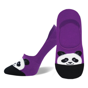 purple women's ankle cut crew with panda face design, black eyes, black schnozz, and white fur around the eyes  
