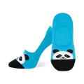 Lifestyle shot showing the bright blue panda no-show socks on a model's feet.