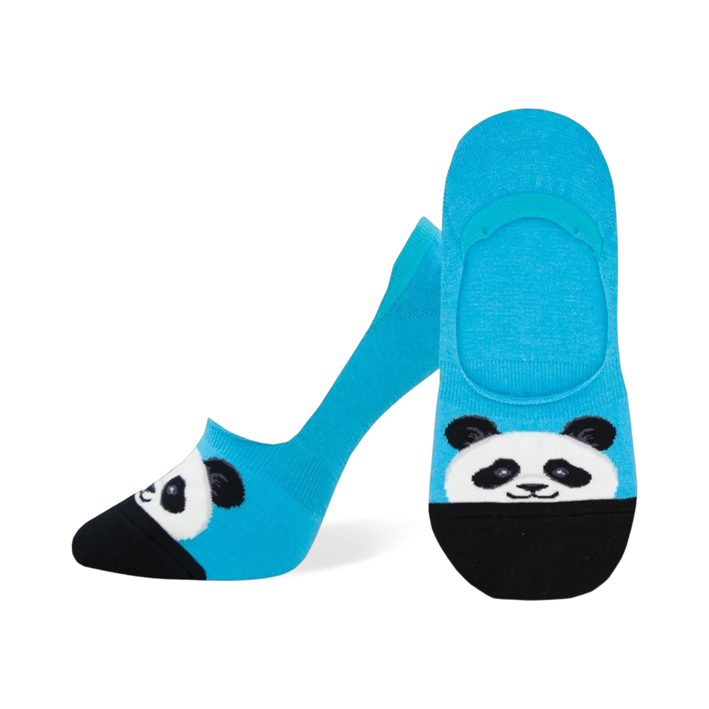 Lifestyle shot showing the bright blue panda no-show socks on a model's feet.