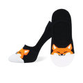 Pair of black no-show socks with orange fox faces near the toes. 