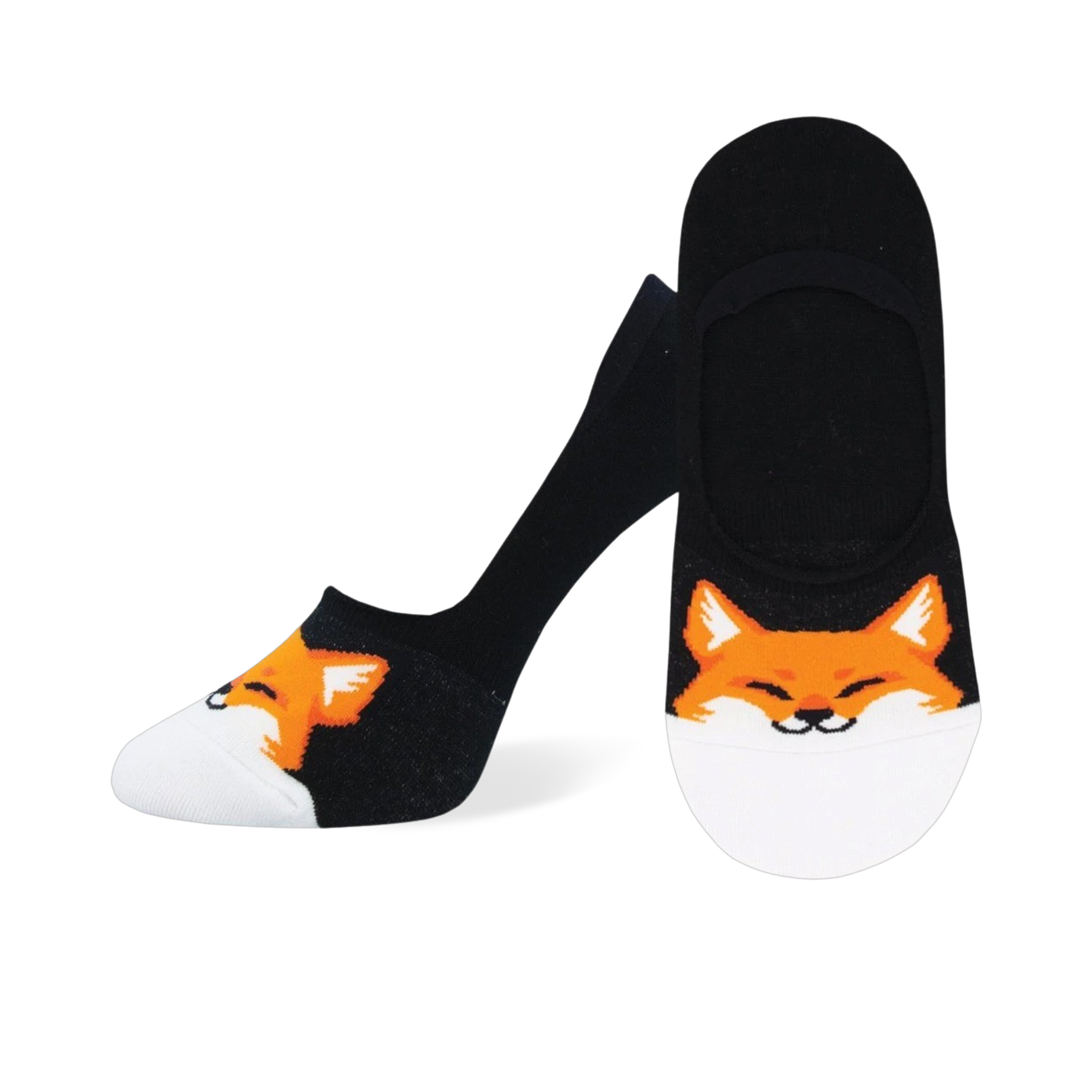 Pair of black no-show socks with orange fox faces near the toes. 