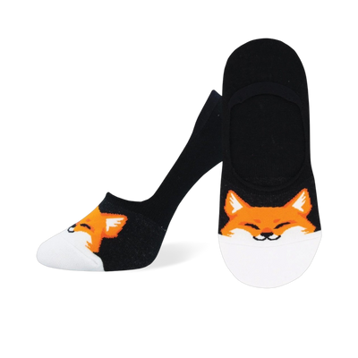 Pair of black no-show socks with orange fox faces near the toes. 