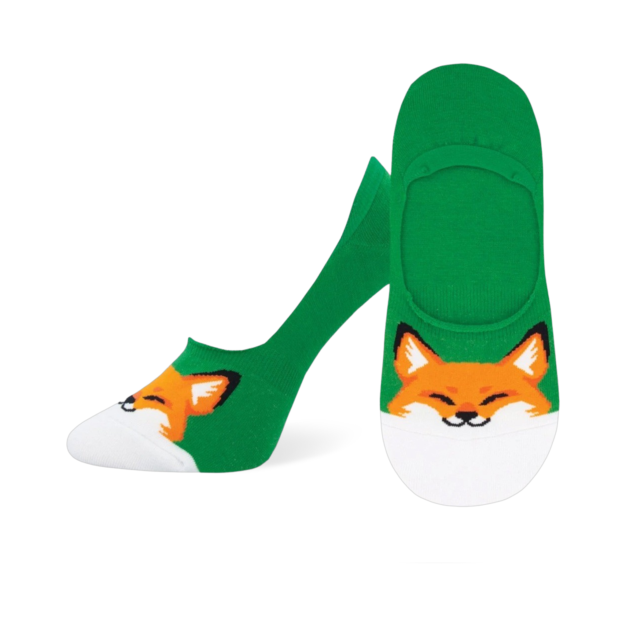Lifestyle shot showing the green Fox no-show socks on feet.