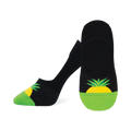 A pair of black and lime green no-show socks with a yellow pineapple design on the heel. The socks are low-cut and comfortable.
