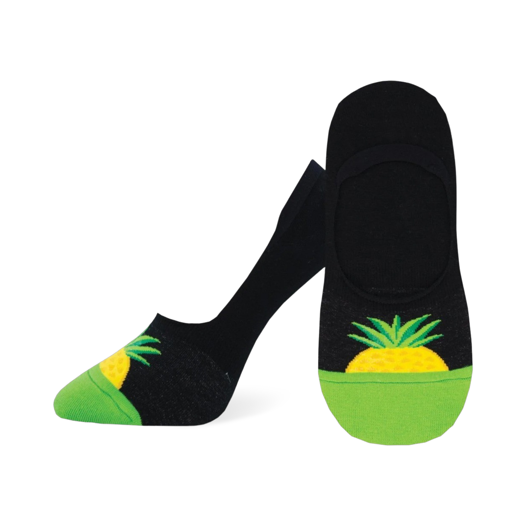 A pair of black and lime green no-show socks with a yellow pineapple design on the heel. The socks are low-cut and comfortable.
