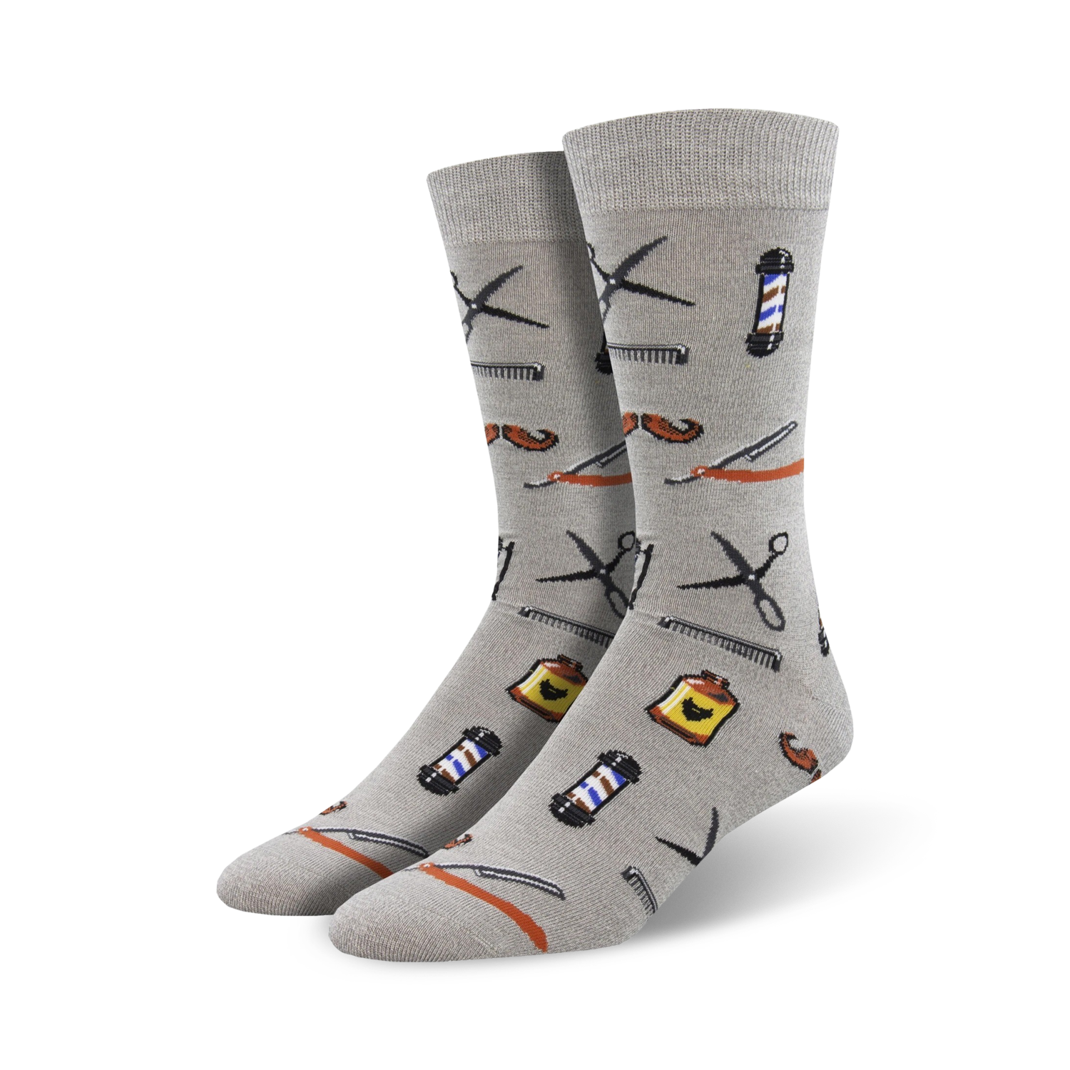 Pair of grey bamboo crew socks with a fun pattern of barber tools like scissors, combs, razors, and a barbershop pole.