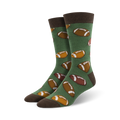 Pair of green crew socks with brown football designs. Brown cuff.  Fun, casual style.