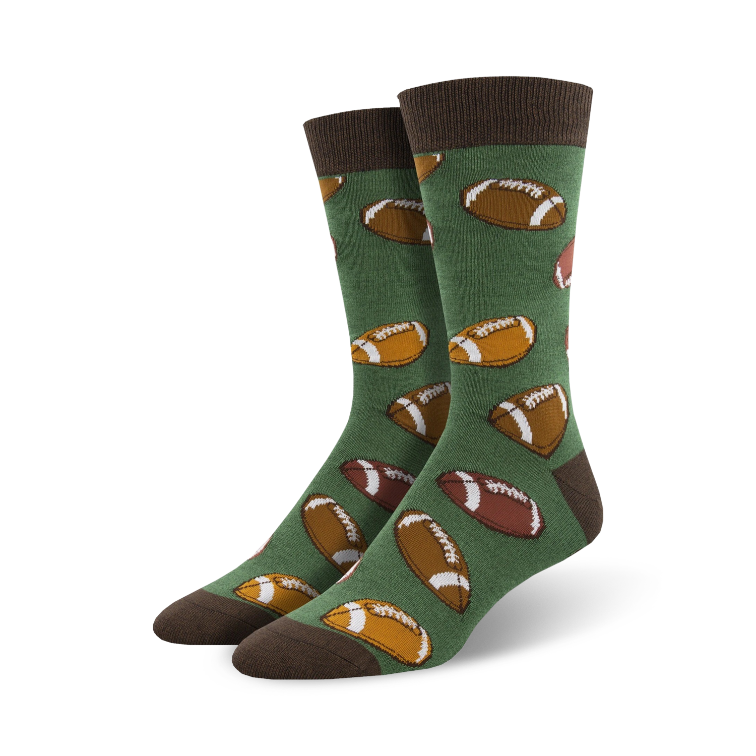 Pair of green crew socks with brown football designs. Brown cuff.  Fun, casual style.