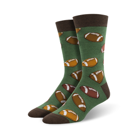 mens hut hut hike bamboo socks with pattern of brown footballs on field of green   