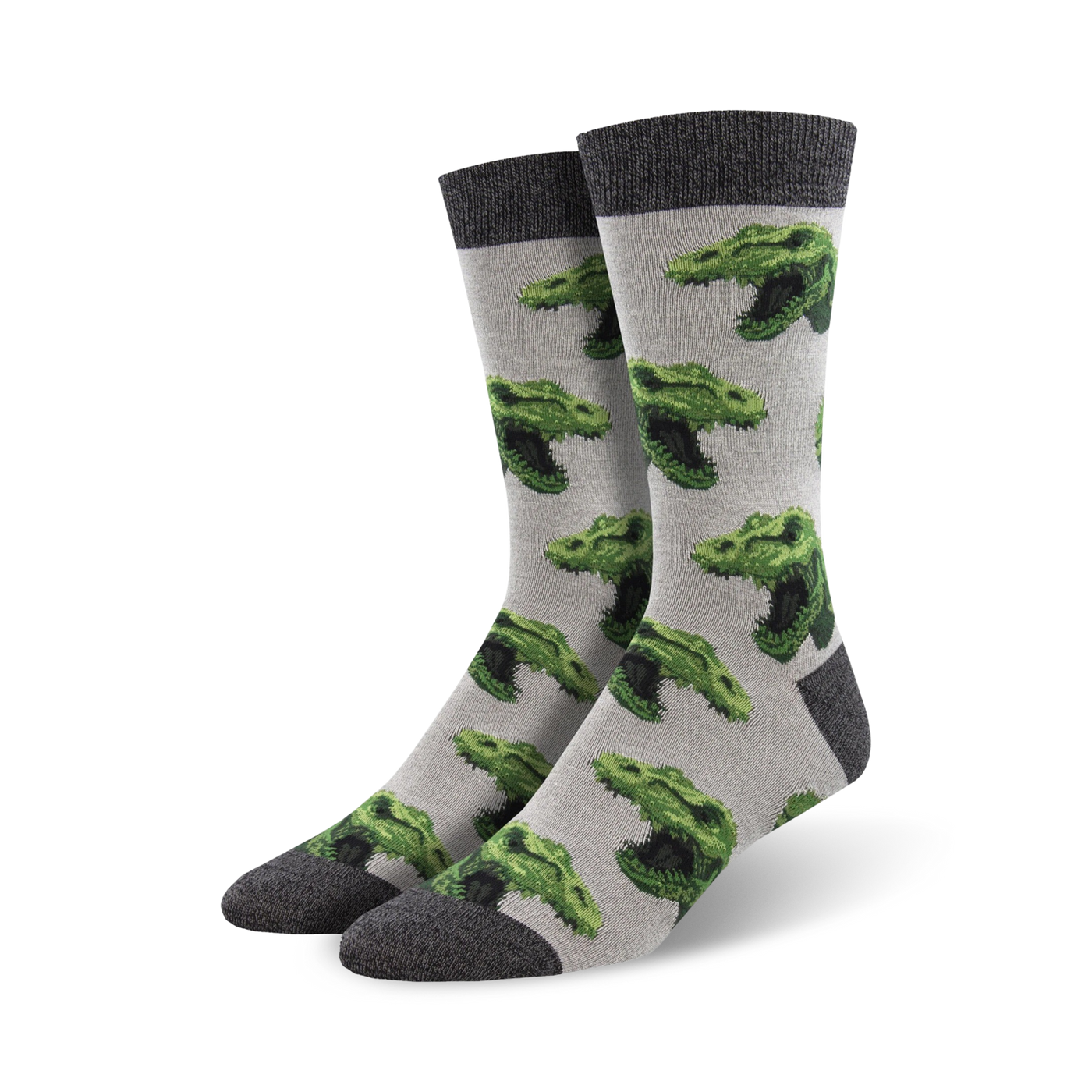 Pair of crew socks, gray with repeating green T-Rex heads. Dark gray cuff.