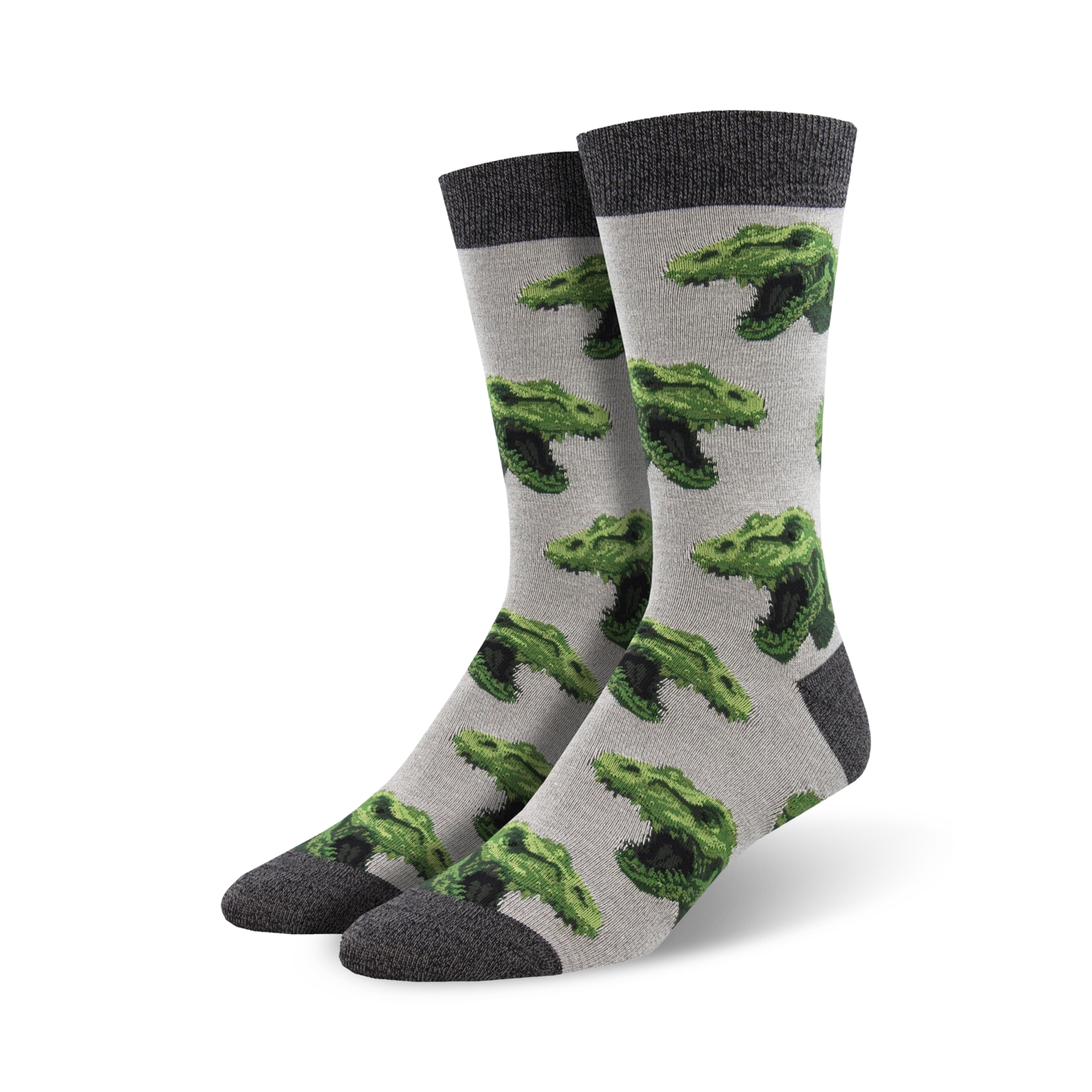 Pair of crew socks, gray with repeating green T-Rex heads. Dark gray cuff.