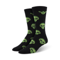 Pair of black crew socks with repeating alien face pattern in green.  Fun, quirky design for men and women.