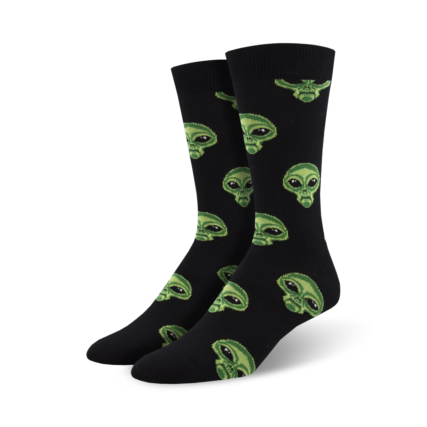 Pair of black crew socks with repeating alien face pattern in green.  Fun, quirky design for men and women.
