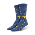 Pair of crew socks in blue featuring dancing mushroom illustrations and rain drop details. Made from bamboo.