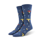 Pair of crew socks in blue featuring dancing mushroom illustrations and rain drop details. Made from bamboo.