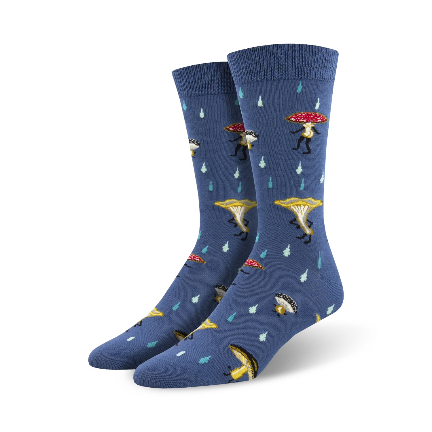 Pair of crew socks in blue featuring dancing mushroom illustrations and rain drop details. Made from bamboo.