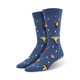 blue crew socks for men adorned with a vibrant pattern of red, yellow, and brown mushrooms.  
