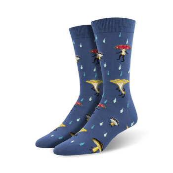 blue crew socks for men adorned with a vibrant pattern of red, yellow, and brown mushrooms.  
