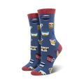 Pair of crew socks in blue with a pattern of colorful mugs. Red and gold accents. Soft bamboo material.